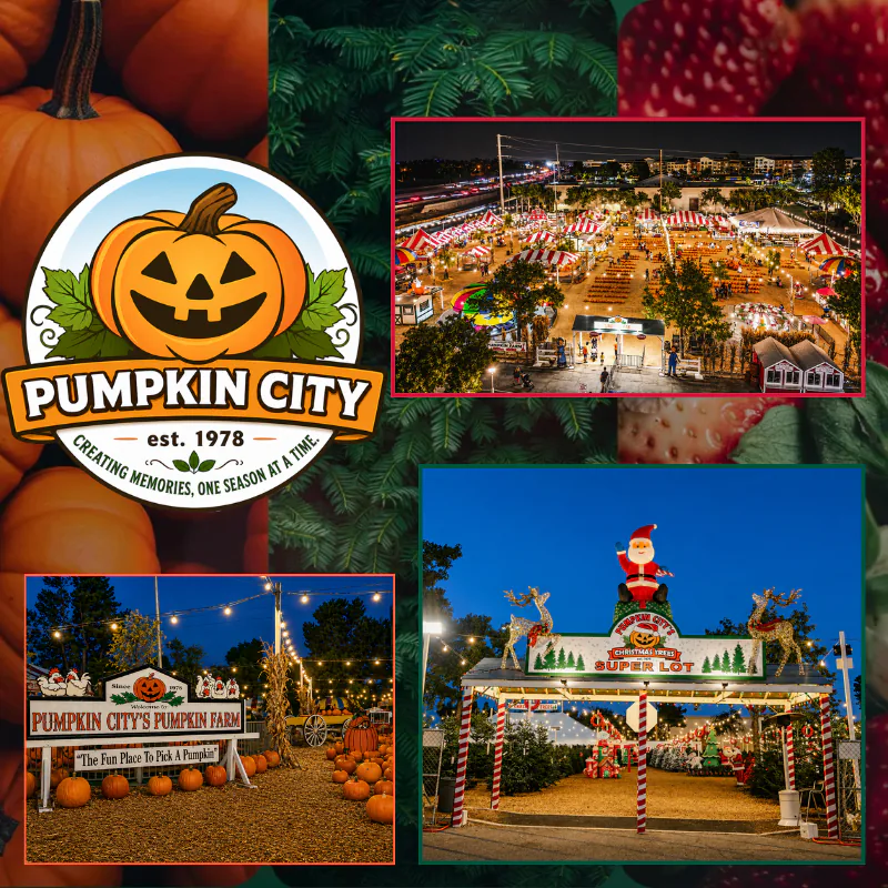 Pumpkin City seasonal collage with pumpkin farm, Christmas tree lot, and strawberry imagery