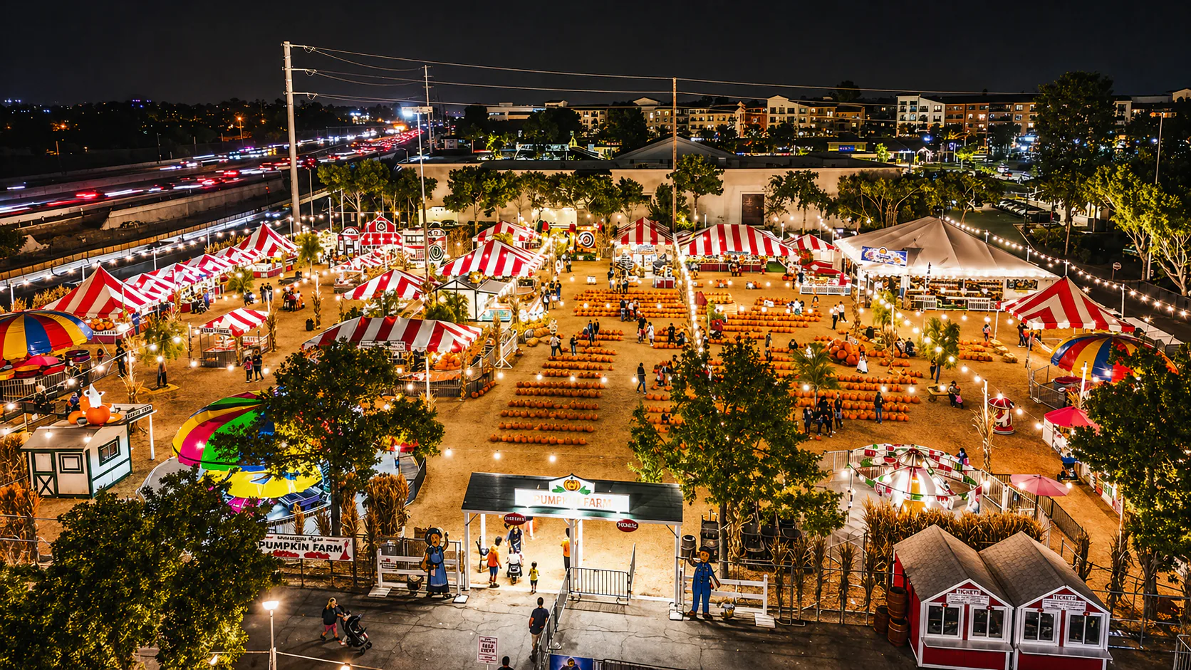 Pumpkin City carnival rides at night